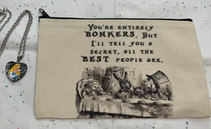 SET Alice in Wonderland Canvas Makeup Cosmetic Bag Organizer 8x5x2  & Necklace - Picture 1 of 4