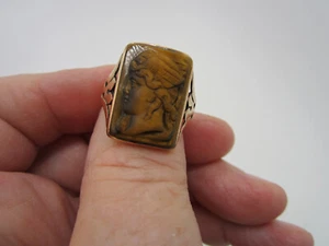 Estate Vintage Beautiful 14k Rose Gold Carved Lady Tiger Eye Size 10 Ring - Picture 1 of 6