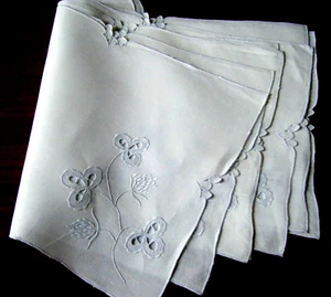 Antiguo Madeira Portugal 8 manteles individuales lino corte a mano nudo francés bordado - Imagen 1 de 6