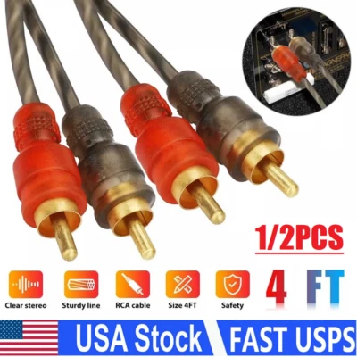 2× 4Ft RCA Cables 2 Channel Shielded Twisted Interconnect Car Audio Amp Cable US - Image 1 of 4