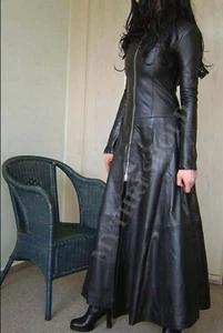 Women Long Black Leather Dress Gown Suit Gothic Trench Coat - Halloween Special - Picture 1 of 4