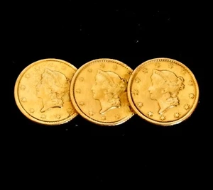 Unique 22ct Gold Brooch. 3 x One Dollar Liberty Head Gold Coins 1853 & 1854 x 2. - Picture 1 of 3
