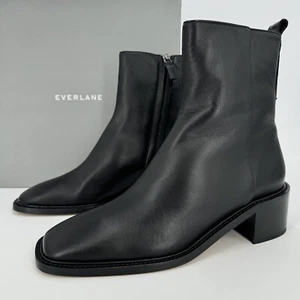 Everlane The City Boot in Black Leather sz 7.5 Women's Side Zip Block Heel Ankle - Picture 1 of 5