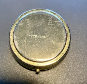 VINTAGE HARRODS~Pill Box~Gold Color W Silver Toned Lid~INTERNAL COMPACT MIRROR - Picture 1 of 8