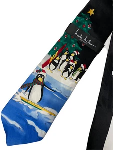 NOS 90’s Nicole Miller Silk Neck Tie SURFING PENGUINS Christmas Novelty Necktie - Picture 1 of 3