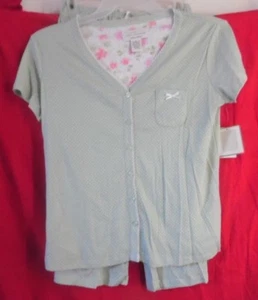 -KAREN NEUBURGER GREEN WHITE POLKA DOT POCKET PAJAMAS FLORAL TOP CROP PANTS S - Picture 1 of 12