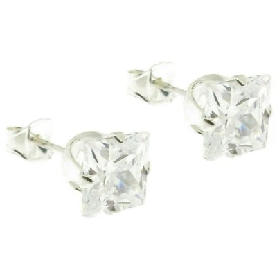 真实纯色 925 纯银男式方形 8 毫米 CZ 耳钉耳环 — 第 1/2 张图片