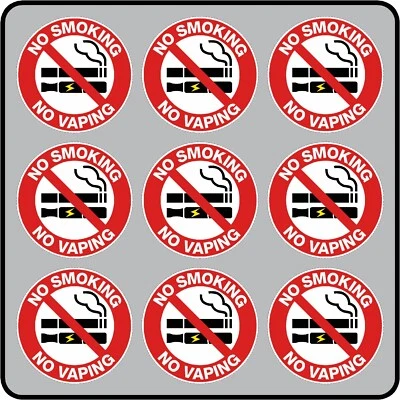 DECALHEADS NO SMOKING NO VAPING Stickers x 9 - 75mm Diameter, Taxis, Bus, Int/Exterior Use