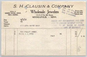 Minneapolis Billhead H. Clausin & Co. Jewelers Butte, MT Leys Jewelry 4/7 1919 - Picture 1 of 2