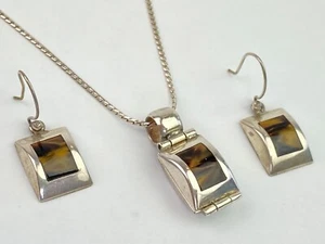 STERLING SILVER 950 SET Necklace Pierced Drop Earrings Tiger's Eye 9.8g - Picture 1 of 15