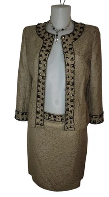 De Colección Boston Propio Talla 4 Para Mujer Marrón Cuentas Mezcla de Lino Oscuro Academia Falda Traje Foto 1 de 4