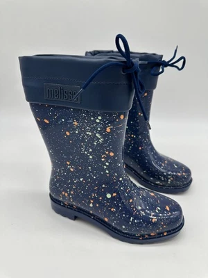 Mini Bota de Lluvia Melissa Niñas Talla 3 Azul Pintura Salpicaduras Uniforme Escolar Nuevo Foto 1 de 3