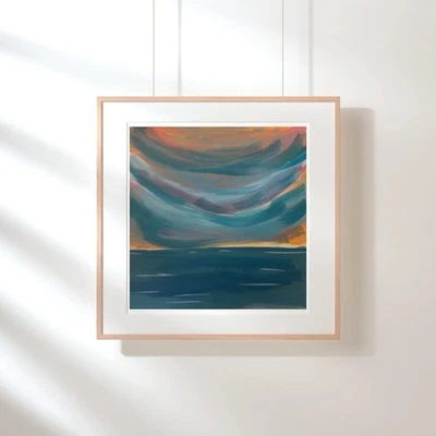 "Letrero original pintura al óleo moderno paisaje marino costero impresionista sobre papel 12x12""" Foto 1 de 4