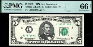 1969 $5 San Francisco Federal Reserve Note FRN • PMG 66 EPQ • Fr.1969-L - Picture 1 of 2