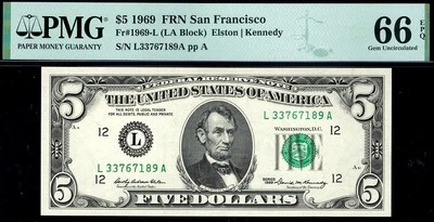 1969 $5 San Francisco Federal Reserve Note FRN • PMG 66 EPQ • Fr.1969-L - Image 1 of 2
