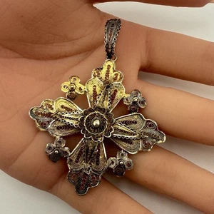 Vintage 925 Sterling Silver Two-Tone Ornate Religious Cross Pendant 2.75" (10.4g - Picture 1 of 5