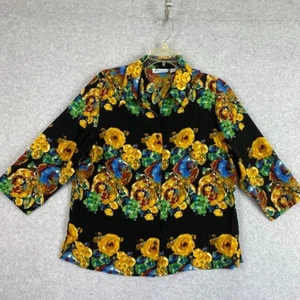 Joanna Top Women's Large Black Gold Floral 3/4 Sleeve Faux Cami Button Up Blouse - Picture 1 of 16