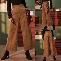Fashion Ladies Women Solid Color Broad Leg Corduroy Pocket Casual Pants Trousers