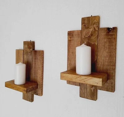 PAIR OF HANDCRAFTED RECLAIMED WOOD WALL SCONCE CANDLE HOLDERS SHABBY CHIC RUSTIC - Image 1 of 4
