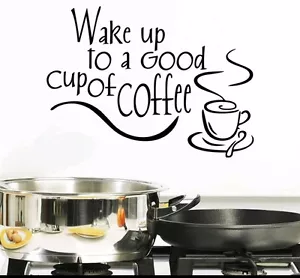 Despertar con una buena taza de café pared cita calcomanía cocina café - Imagen 1 de 4