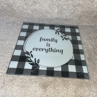 8 In Square-Glass Cutting Board/Trivet “FAMILY IS EVERYTHING” Black & White-New - Image 1 of 4