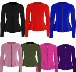 Womens Zip Blazer Peplum Ruffle Blazer Jacket Top Size Frill Tailored 8-22 New - Picture 1 of 13