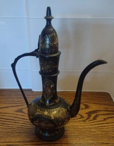 Hermosa lámpara Genie vintage india de 8" grabado detallado negra y dorada - Imagen 1 de 13
