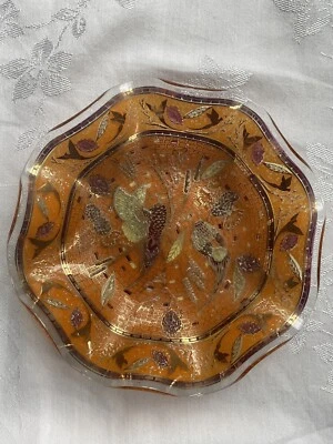 "De colección Faisanes de vidrio en relieve borde con volantes cuenco caramelo plato baratija naranja dorado 7""" Foto 1 de 4