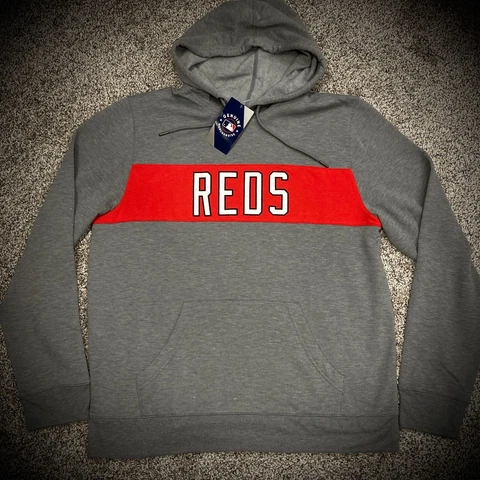 Soft!! CINCINNATI REDS HOODIE dark heather gray red white SEWN LOGO Mens LARGE Cover