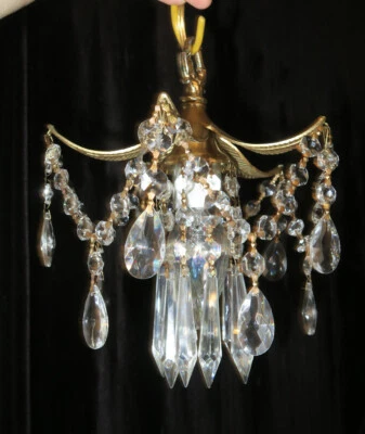 vintage Pineapple palm lamp Swag plugin Brass Chandelier crystal prism lighting - Image 1 of 4