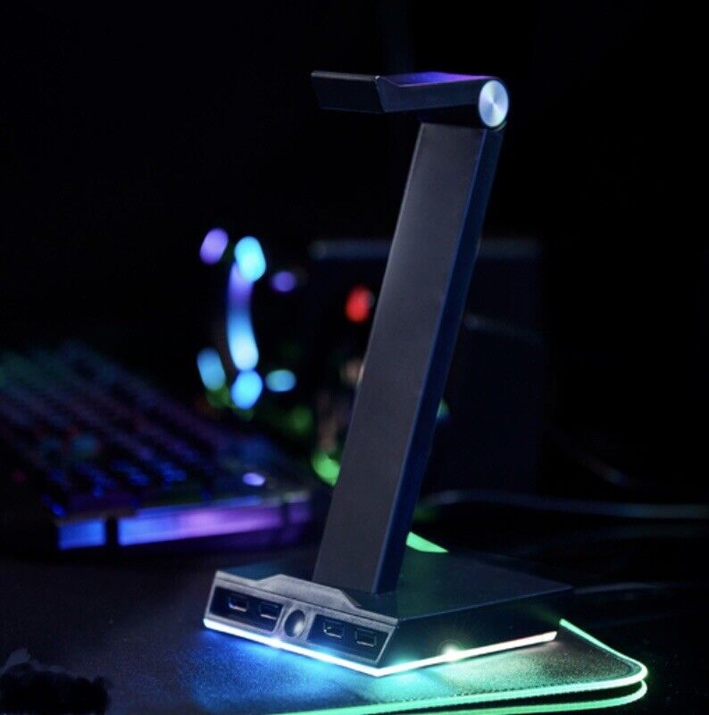 LED Gaming Headset Stand 4 USB Ports, Game Headphone Mount PC RGB Bugha Tiktok