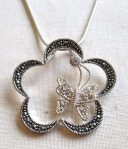 STERLING SILVER BUTTERFLY & FLOWER MARCASITE PENDANT NECKLACE 16" 8.95g (12440) - Picture 1 of 10