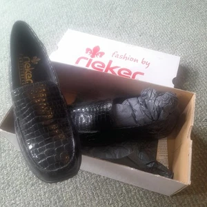 Ladies Reiker Antistress Black Patent Leather Low Wedge Shoes Size 38 (UK 5) - Picture 1 of 7