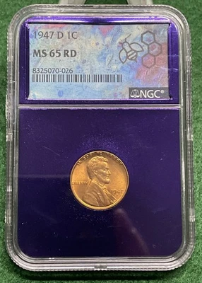 1947-D Lincoln Wheat Cent 1c Red NGC MS65RD Purple Core Certified    - Image 1 of 4