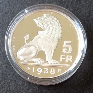 Belgium - Official Re-Strike - Rare 5 Francs 1938 FR Silver - Medallic  Strike - Picture 1 of 2