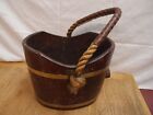 VINTAGE HAND MADE COOPERED OAK & BRASS BUCKET WITH ROPE AND LEATHER HANDLE
