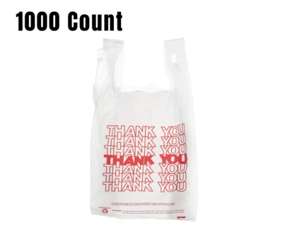 1000 Pack - 1/8 White Thank You Plastic Shopping Bags - T-Shirt Style - 17x10x6 - Image 1 of 4