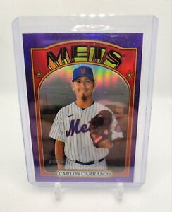 Carlos Carrasco 2021 Topps Heritage High Number Chrome Purple Hot Box #717 Mets