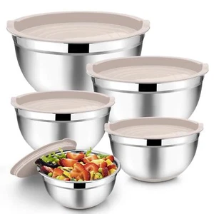 Khaki Mixing Bowls Stainless Steel Metal Nesting Salad Bowls With Airtight Lids - Picture 1 of 7