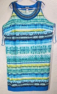 NWT Catherines Dress Womens 3X Blue & Teal Midi Tank Stretchy Flowy Silver Chain - Picture 1 of 6