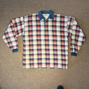 Structure Red Navy Orange White Plaid Long Sleeve Rugby Denim Collar Polo M USA - Picture 1 of 6