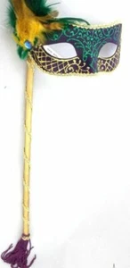 Purple, Green, Gold Venetian Feather Stick Mask Masquerade Prom Mask - Picture 1 of 3