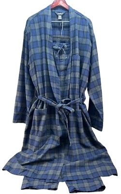 Eddie Bauer Flannel Men’s XL Gray Blue Plaid Cotton Robe & Sleep Pant Set - Image 1 of 4