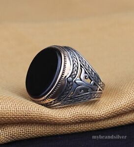 Solid 925K Sterling Silver Turkish Handmade Men's Ring Onyx All Size