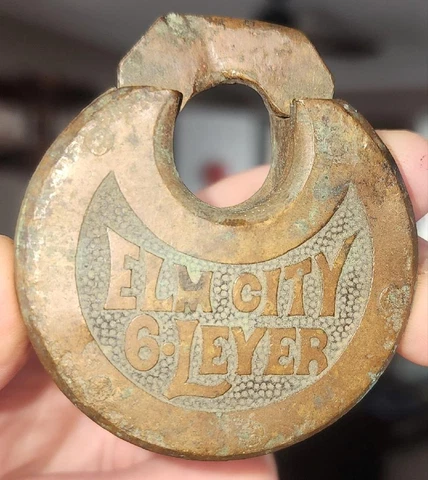 ANTIQUE ELM CITY 6 LEVER BRASS OR BRONZE PANCAKE PADLOCK LOCK NO KEY Cover