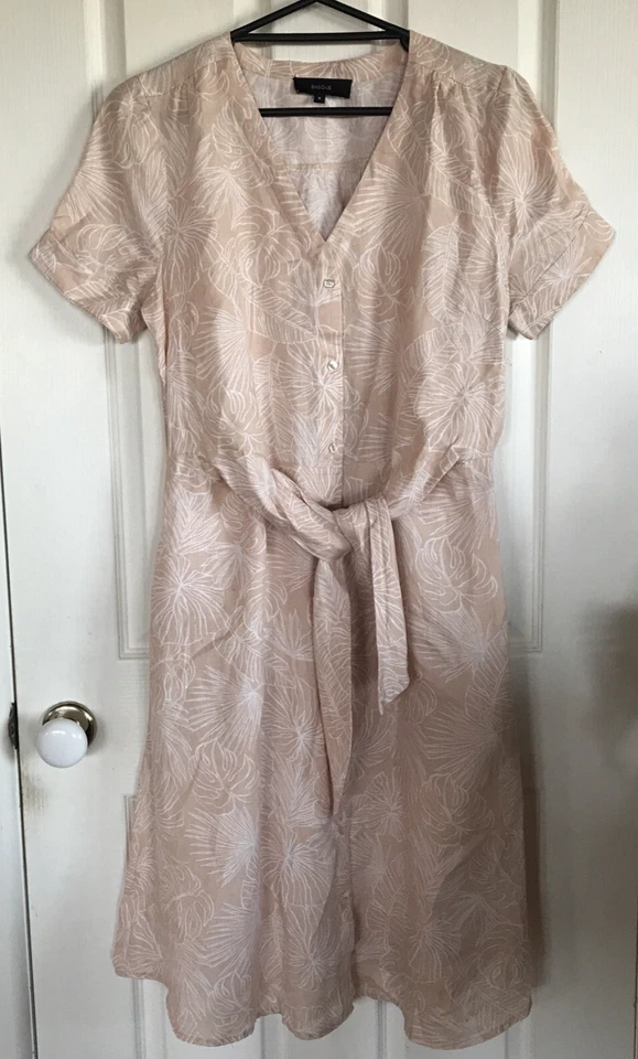 Basque Dress Size 8 Linen Button Front Short Sleeve Front Tie Elastic Back Panel - Image 1 of 4