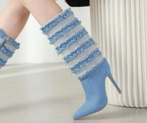Womens Fashion Winter Pointy Toe Fringe Denim Mid Calf Boots Party High Heels - Picture 1 of 12