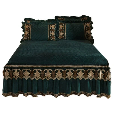 Luxury Lace Embrodery Velvet Bedspread King Queen Quilted Cotton Bed Skirt Thick - Image 1 of 4
