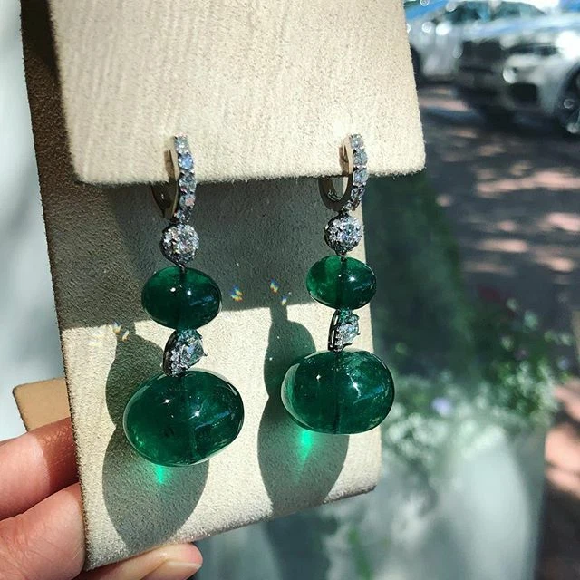 Deep Vivid Green Large Fancy Emerald With Clear White CZ Dangle Fashion Earring - Image 1 of 4
