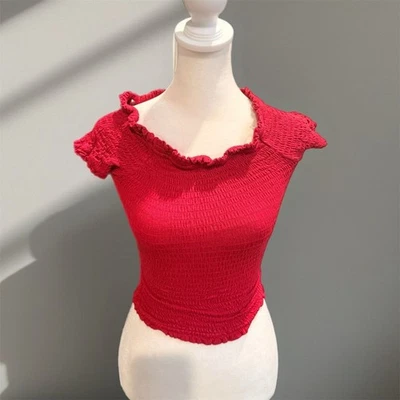 Top corto para mujer Papaya rojo con hombros descubiertos talla S Foto 1 de 4